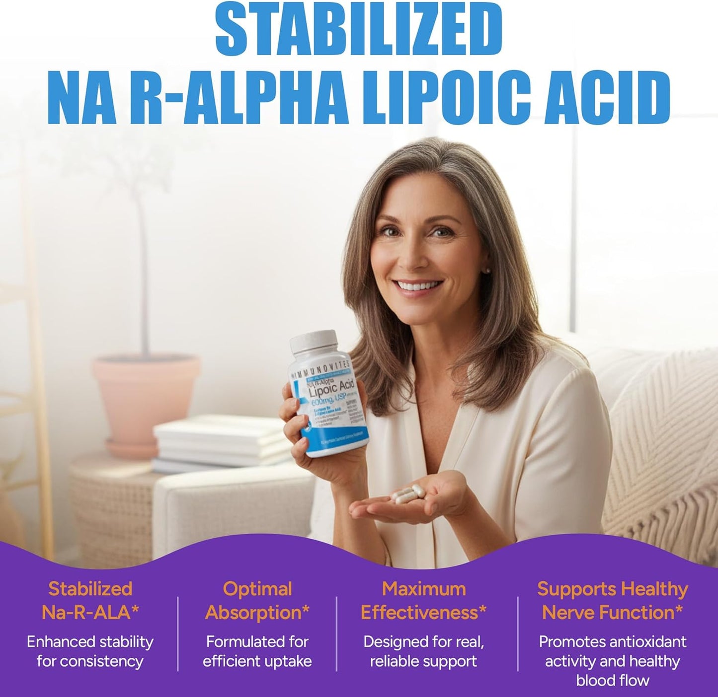 IMMUNOVITES Stabilized R-Alpha Lipoic Acid ((True)) 600mg per Serving [[High Potency & up to 40x Increased Absorption]]