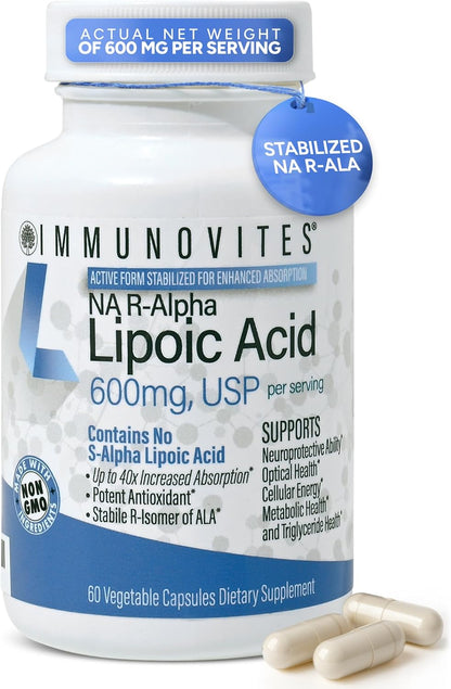 IMMUNOVITES Stabilized R-Alpha Lipoic Acid ((True)) 600mg per Serving [[High Potency & up to 40x Increased Absorption]]